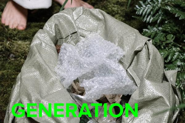 Text saying generation scrap exhibit with trash