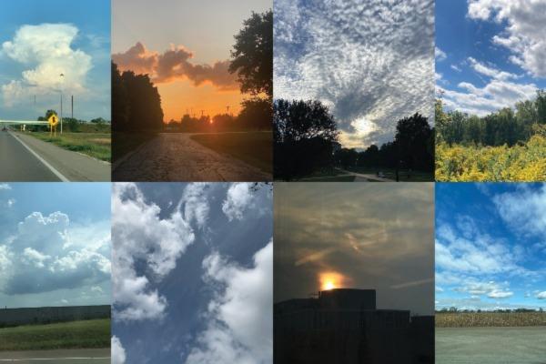 Eight square photos of clouds in various settings, including a road and a field