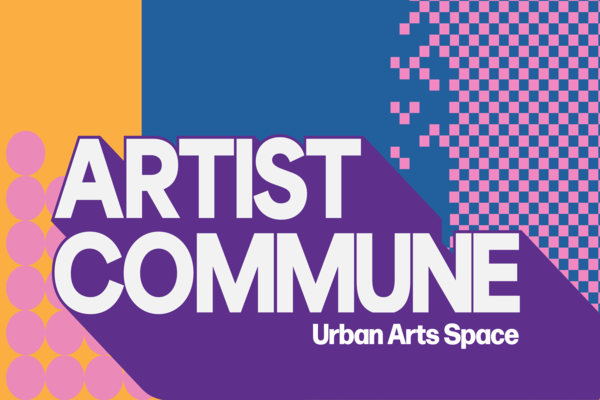 Artist Commune Urban Arts Space on a purple, blue, and yellow background with pink dots