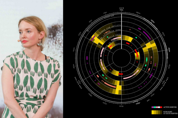 Photo of Tega Brain beside her artwork, a round target-like data composition