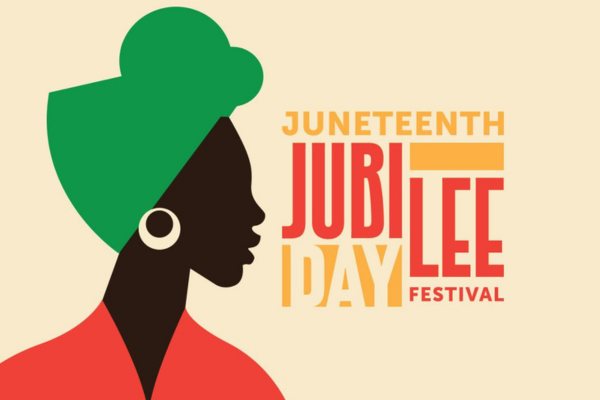 Juneteenth JUBILEE Day Festival beside an illustration of a Black woman