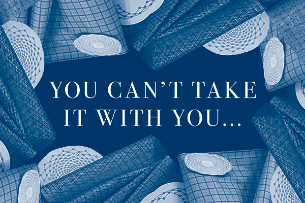 you can't take it with you on blue background with paper plates and fabric