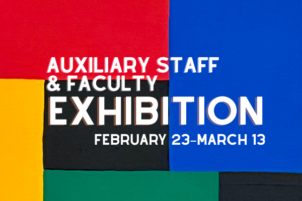 auxiliary faculty and staff exhibition on colorful background of squares