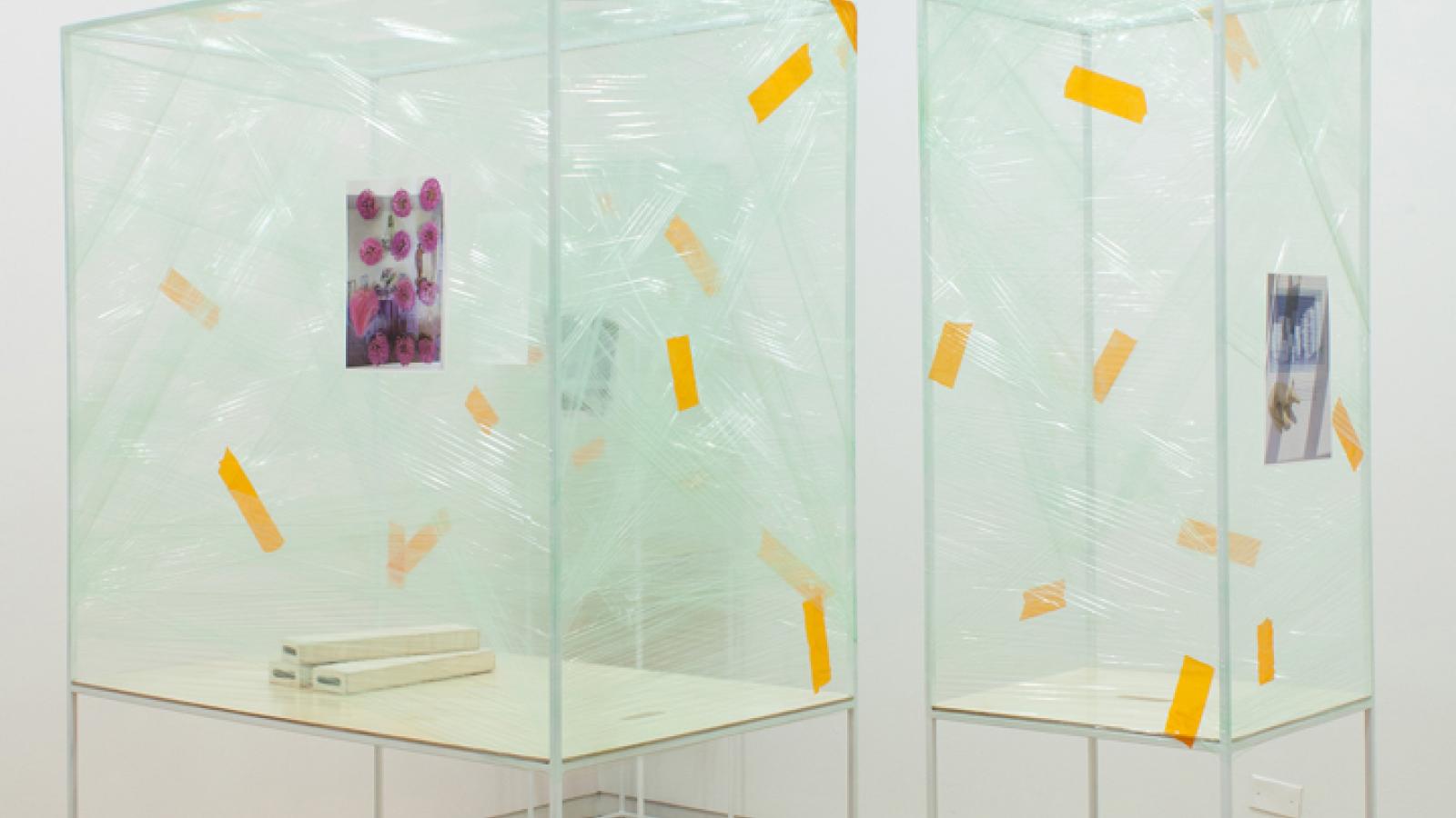 Alex Chitty, The Way They Wanted to Sleep, steel, plywood, plastic film, packing tape, laser prints, 2013