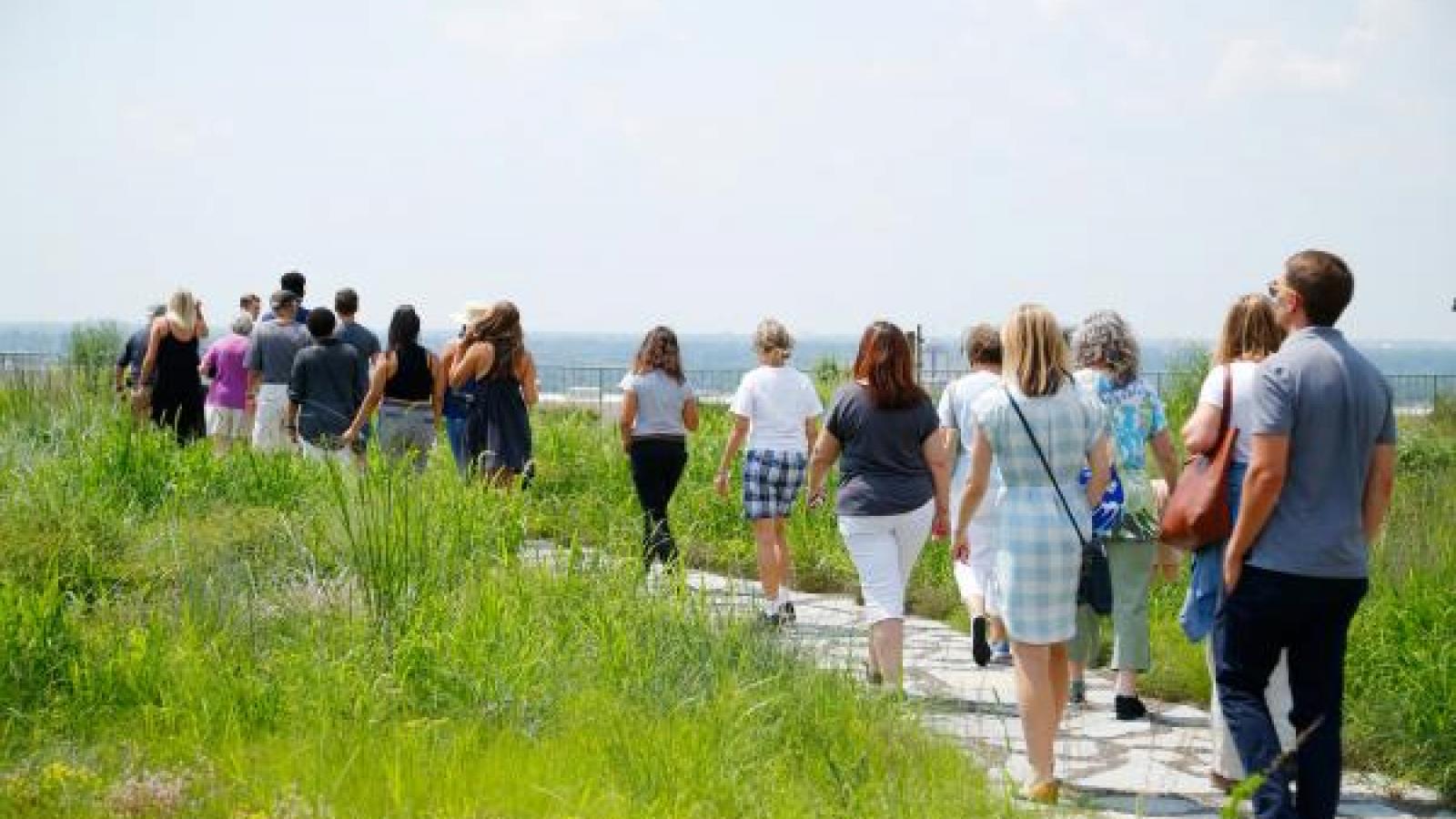 A group of people walk on a Rooftop Garden Tour.