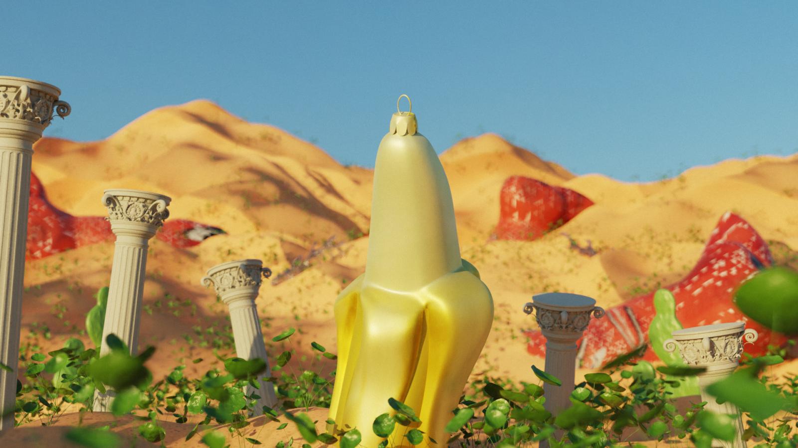 3D rendering centered on a stylized banana surrounded by roman styled columns, approximately the size of the banana, in desert setting. The bottoms of the columns and banana are surrounded by greenery. Mountains of sand and red structures fill the background and a blue sky covers the top third of the image.