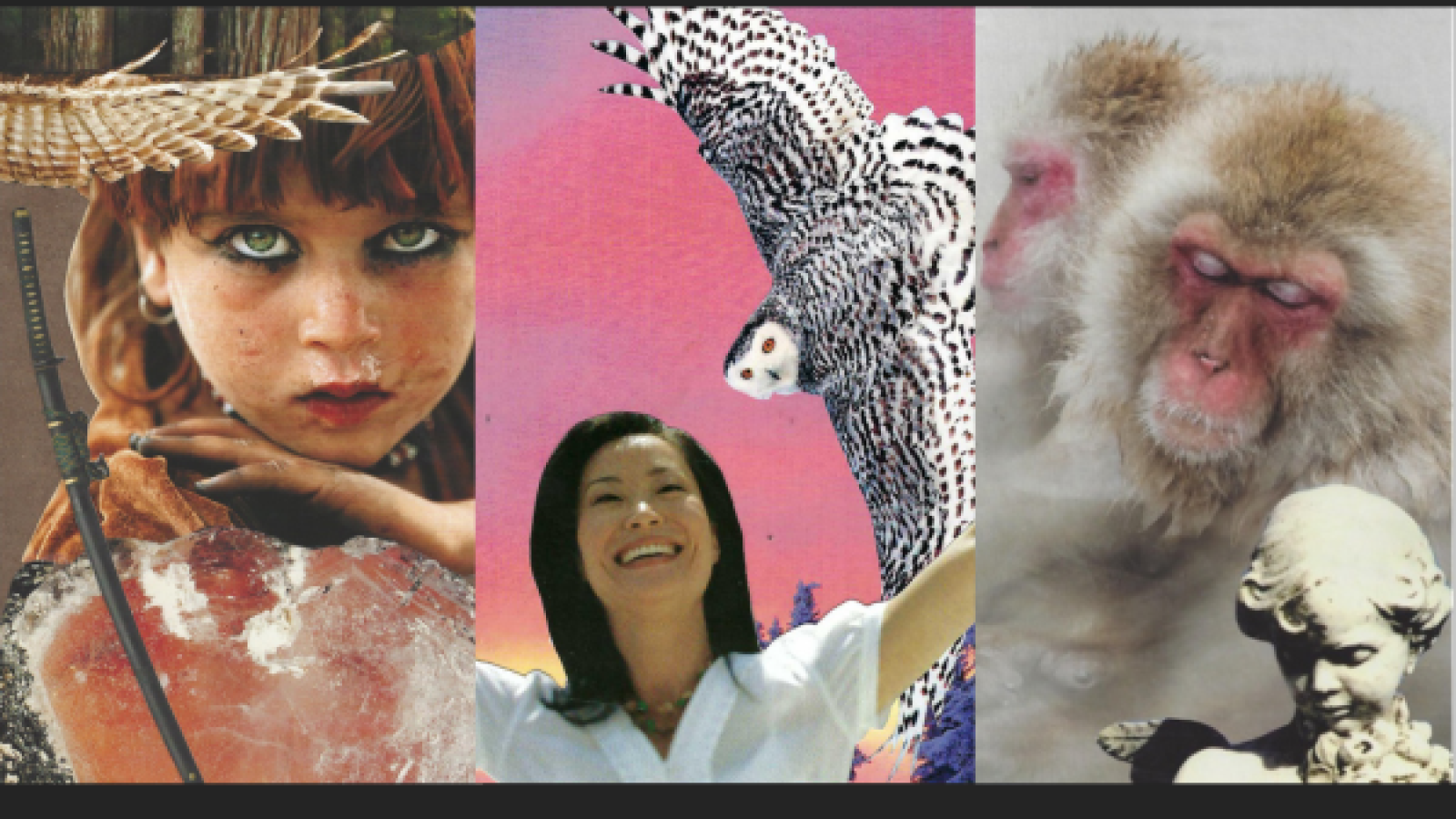 Three collages: a redheaded girl with intense eyes; a woman with an owl; monkeys iwth an angel statue