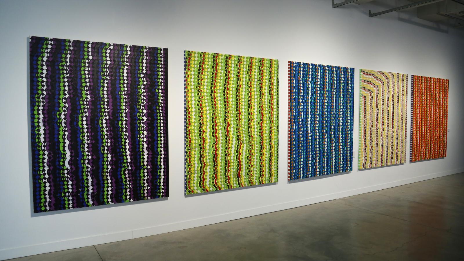 Maija Miettinen-Harris: "Straight Eclipse (I, II, III, IV, & V)," spray paint, enamel, acrylic, and oil on canvas, 2015