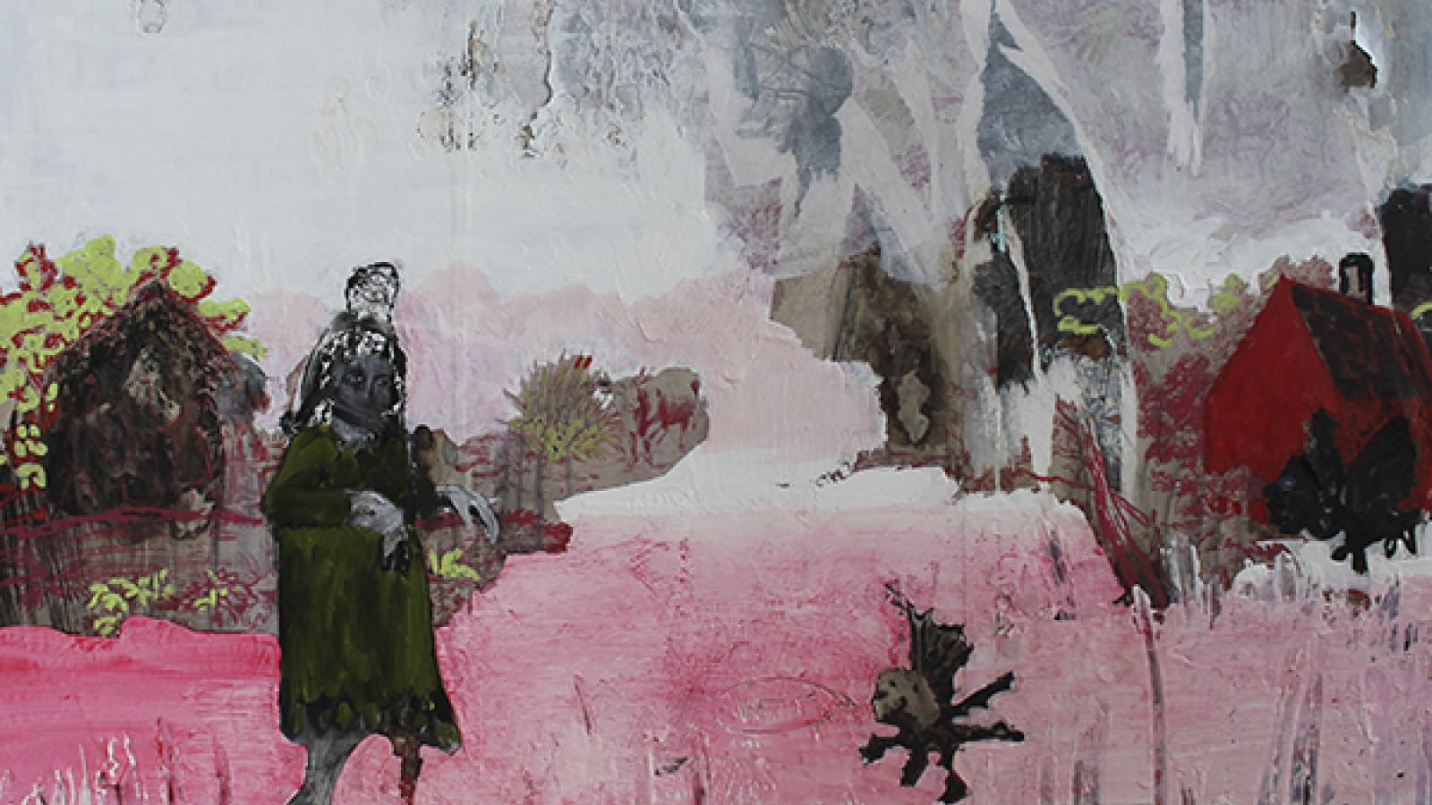 Toni Jo Coppa: "Caution," craypas, paint stick and oil paint on burned wallpaper on panel, 2012