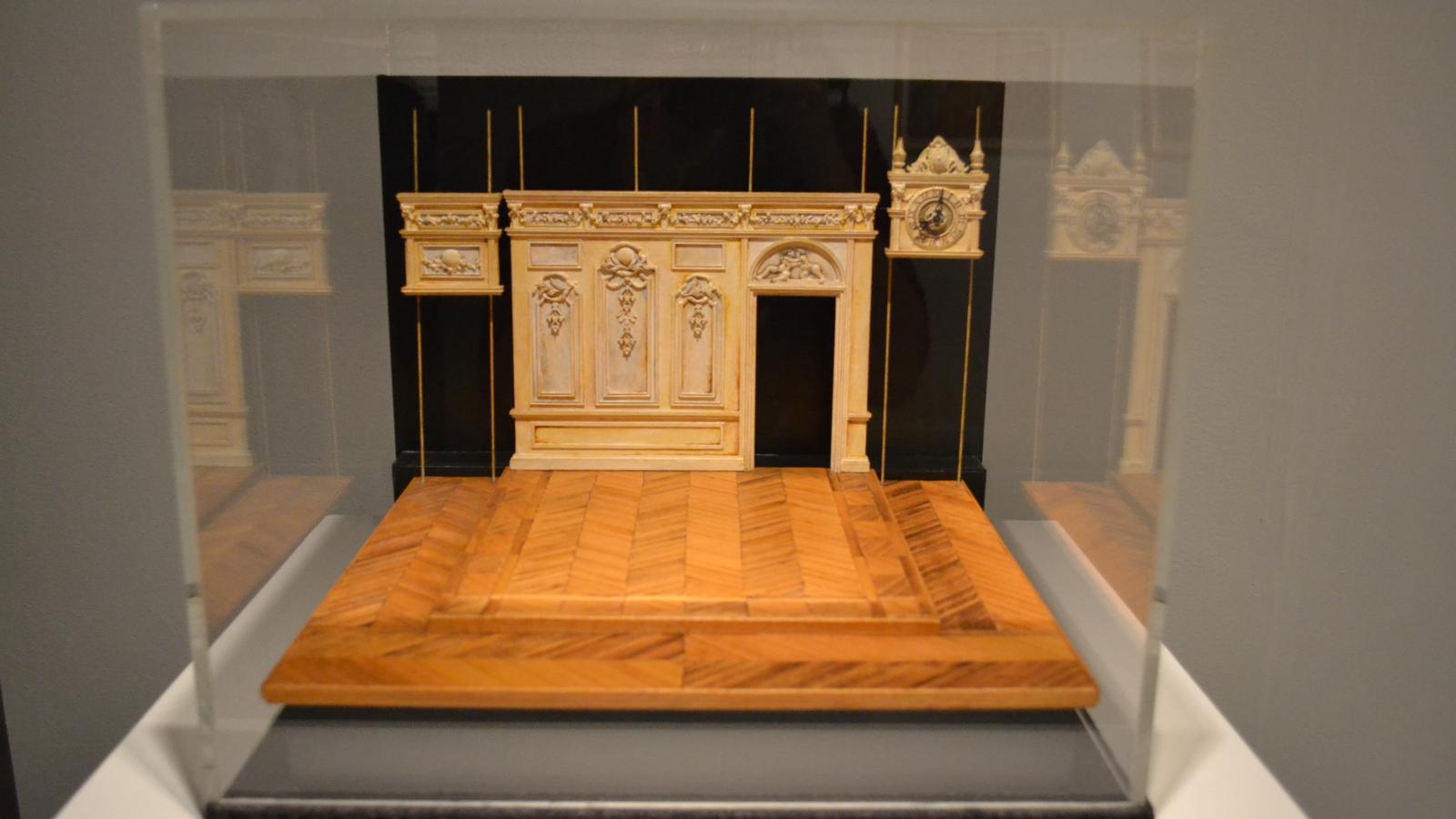 Image of Tony Straiges: "Hall with Clock," set design model for Ivona, Princess of Burgundia, Adelphi College, New York. Tony Straiges Design Collection. The Jerome Lawrence and Robert E. Lee Theatre Research Institute. 1974
