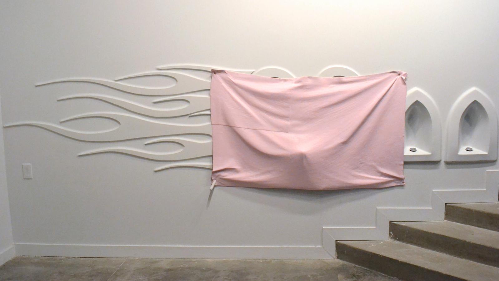 Michael Goodson: "00(pink flag)," MDF, Aqua Resin, joint compound, polystyrene, latex paint, 2013