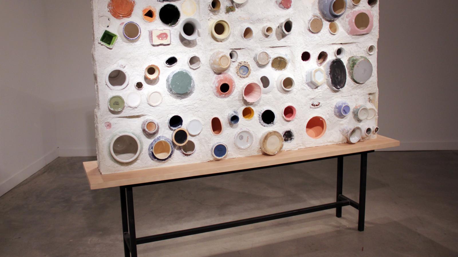 Image of Hannah Walsh: "Untitiled," ceramic vessles, stuco, foam, wood, steel, 2014
