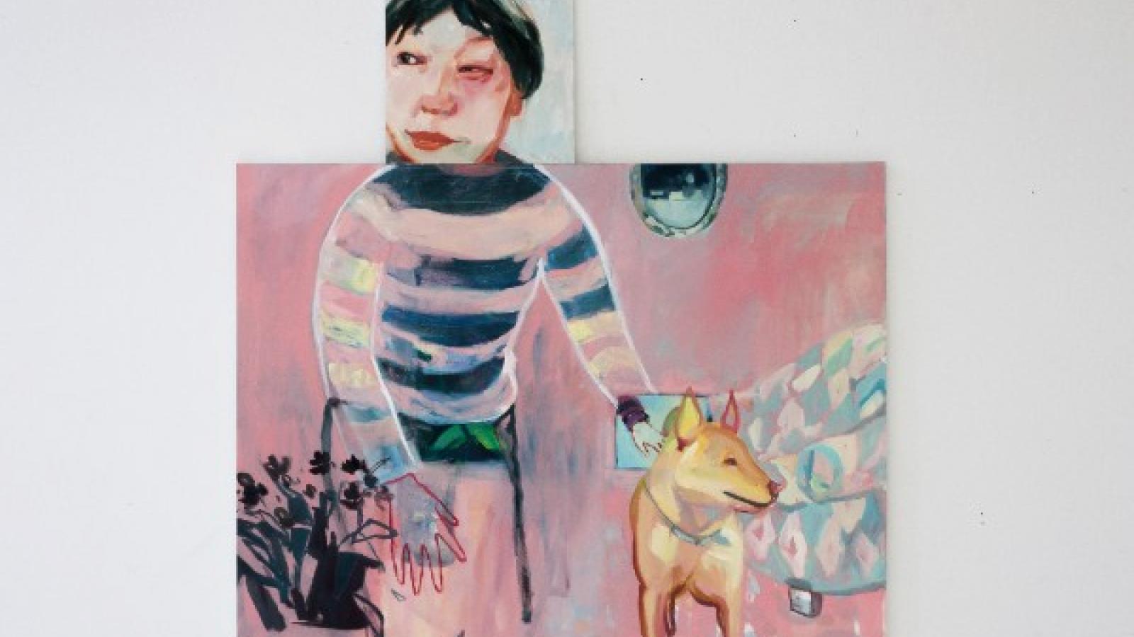 Dan Jian, Zhen and Dog, Oil on Canvas, 36"x 48" and 14"x 14", 2015  