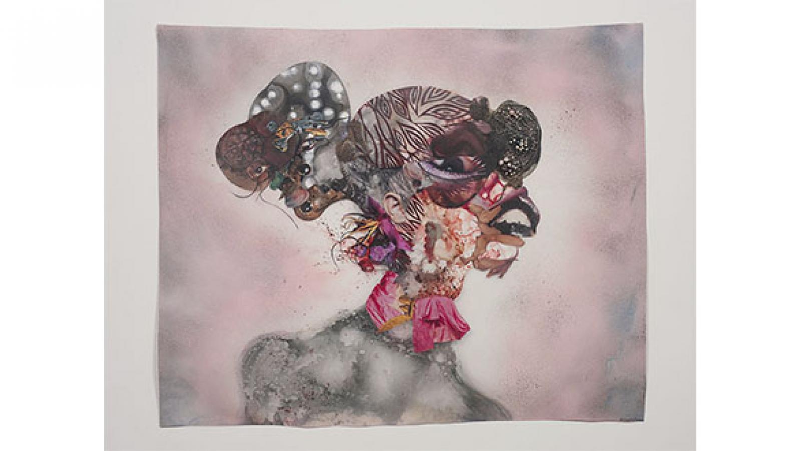 Wangechi Mutu, Pretty Double-Headed, 2010, mixed media,  ink, collage, and spray paint on Mylar, 34 x 42 3/4 inches (86.4 x 106.1 cm) Collection of Blake Byrne. Image Courtesy of Susanne Vielmetter Los Angeles Projects; photo by Robert Wedemeyer.