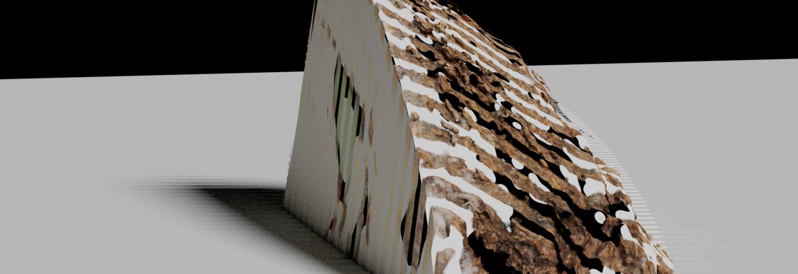 digital render of a 3d sculpture resembling a rock cut in half
