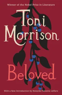Beloved: A deep red cover featuring a black vine with blue berries trailing down the center. The author’s name, Toni Morrison, and the title "Beloved" are written in a cream-colored serif font.