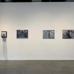 4 artworks displayed on a gallery wall, consisting of 3 digital prints and 1 sculpture